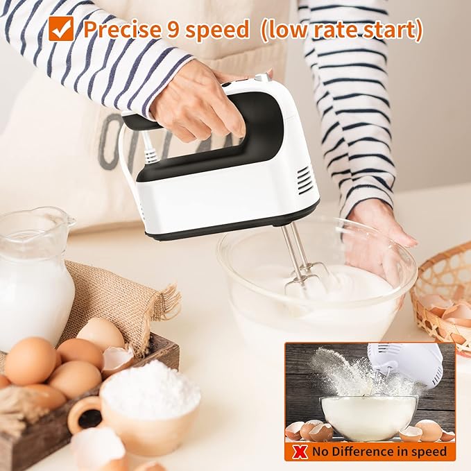 9-Speed Digital Hand Mixer Electric, 400W Powerful DC Motor, Baking Mixer Handheld with Snap-On Storage Case, 5 Stainless Steel Accessories, Flat Beaters, Dough Hooks, Whisk (White & Black)