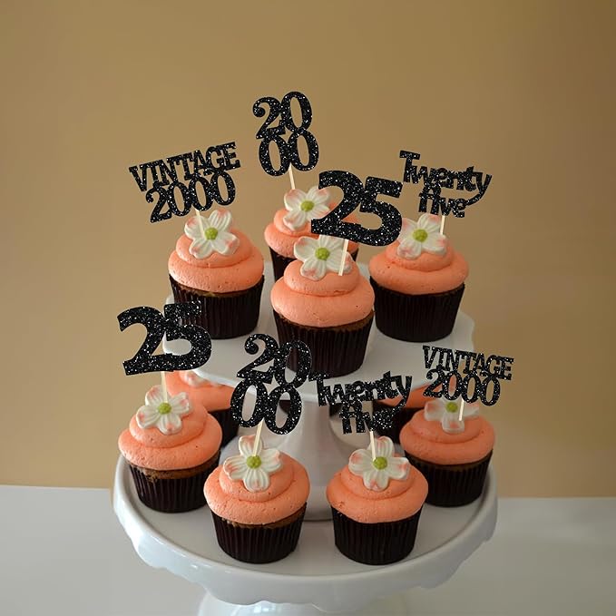 Gyufise 24Pcs 25th Birthday Cupcake Toppers Glitter Twenty-five Vintage 2000 Cheers to 25 Cupcake Picks Hello 25 Years Birthday Cake Decoration for Happy 25th Birthday Anniversary Party Supplies Black