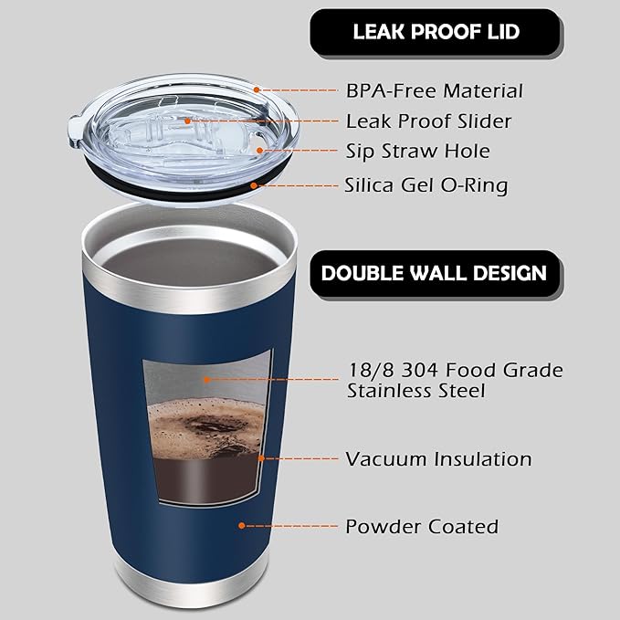 20oz Tumbler Bulk Stainless Steel Tumblers with Lid Vacuum Insulated Double Wall Travel Coffee Mug Powder Coated Tumbler Cup for Hot and Cold Drinks(Navy Blue, 1 pack)