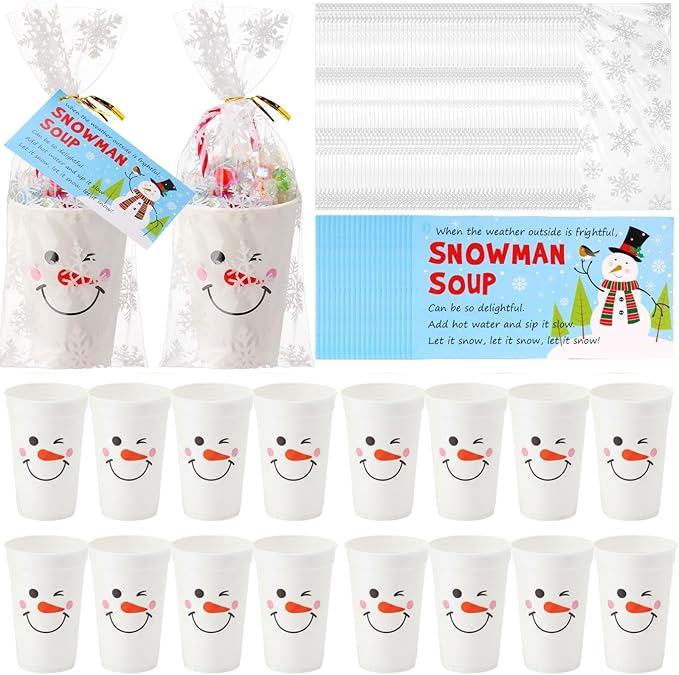 50 Sets Plastic Christmas Snowman Soup Kits for Classroom Coworker Exchange Gift 16 oz Winter Snowman Marshmallow Cups with Soup Tags Clear Xmas Bag for Hot Cocoa Chocolate