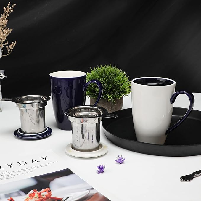 amhomel Porcelain Tea Mug with Infuser and Lid, 16 Ounce Ceramic Tea Cup for Loose Leaf, Coffee, Cocoa and Milk, Tea Gift for Tea Lovers, Set of 2(Navy Blue and White)