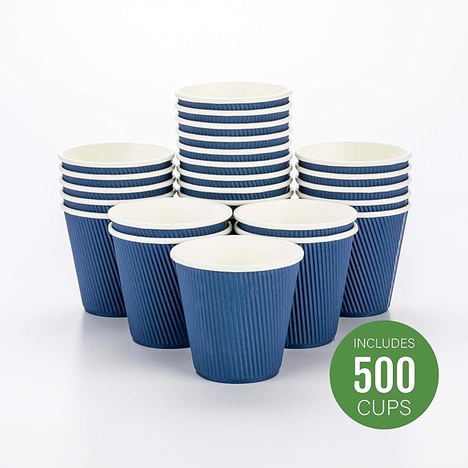 Restaurantware 8 Ounce Double Wall Disposable Coffee Cups, 500 Insulated Dark Blue Paper Tumblers Ripple Wall Design, Lids Sold Separately for Hot Drinks like Tea, Hot Chocolate, and More