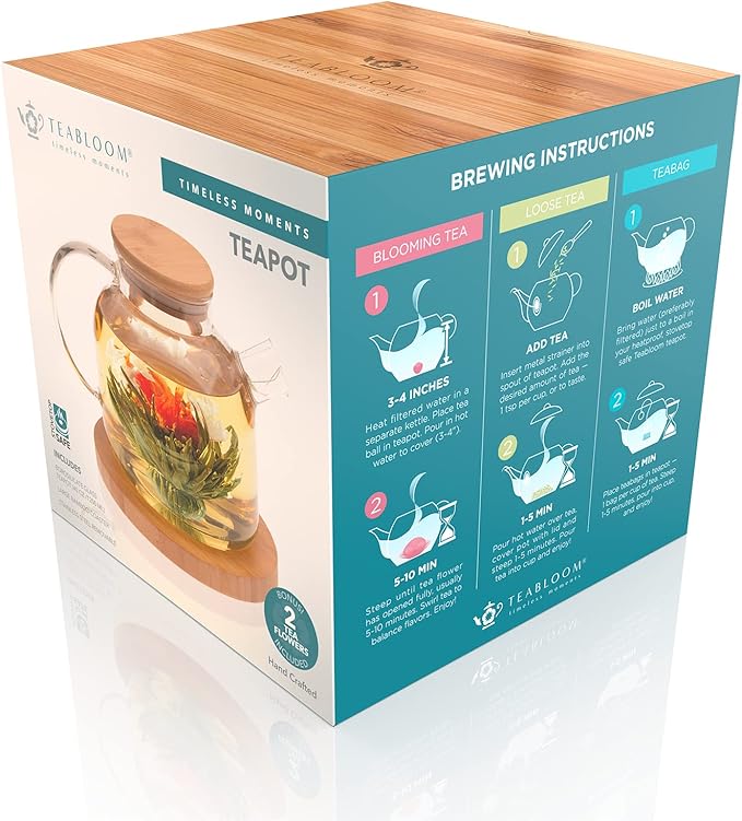 Teabloom Stovetop Safe Glass Teapot with Bamboo Lid (40oz/1200ml) + Loose Leaf Tea Filter Spout + 2 Blooming Teas + Large Bamboo Trivet - Natural Flowering Tea Gift Set