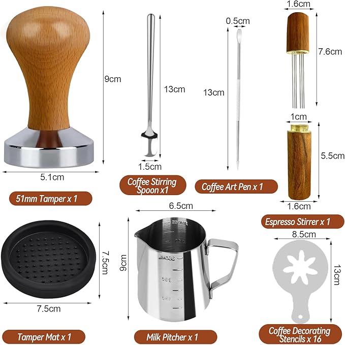 22Pcs Espresso Accessories Kit, 51mm Tamper Tool Espresso, Coffee Tamper with Espresso WDT Tool, Tamper Mat, Coffee Stirrer, Frothing Pitcher, Latte Art Pen and 16 Coffee Stencils, Latte Art Kit