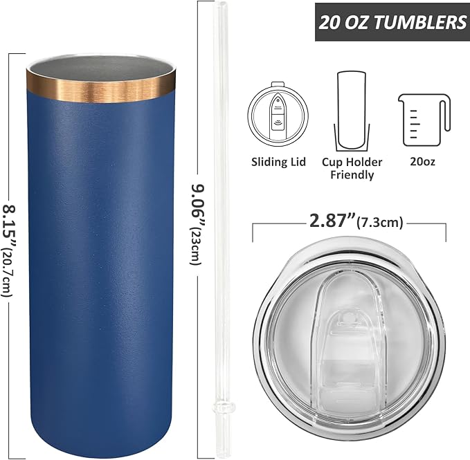 20 oz Skinny Tumblers Bulk 8 Pack, Stainless Steel Insulated Tumbler with Lids and Straws, Slim Double Wall Powder Coated Travel Coffee Mugs Reusable Cup for Hot Cold Drinks (Navy,8 pack)