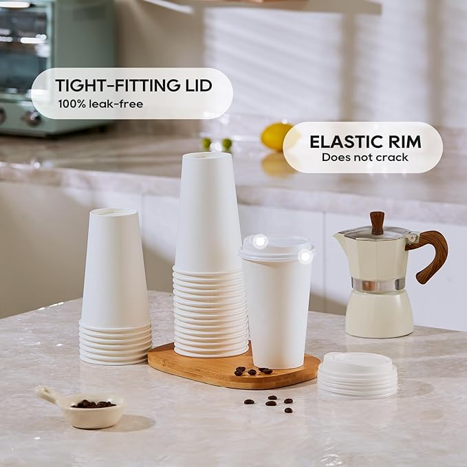 JOLLY PARTY [100 Pack] 16 oz Paper Coffee Cups, Disposable Paper Cup with Lids, Hot/Cold Beverage Drinking Cup for Water, Juice, Coffee or Tea, Suitable for Home, Shops and Cafes