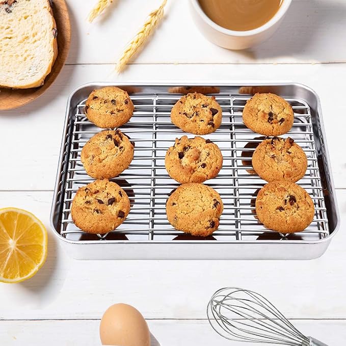 Wildone Baking Sheet with Rack Set [2 Sheets + 2 Racks], Stainless Steel Cookie Pan baking Tray with Cooling Rack, Size 9 x 7 x 1 Inch, Non Toxic & Heavy Duty & Easy Clean