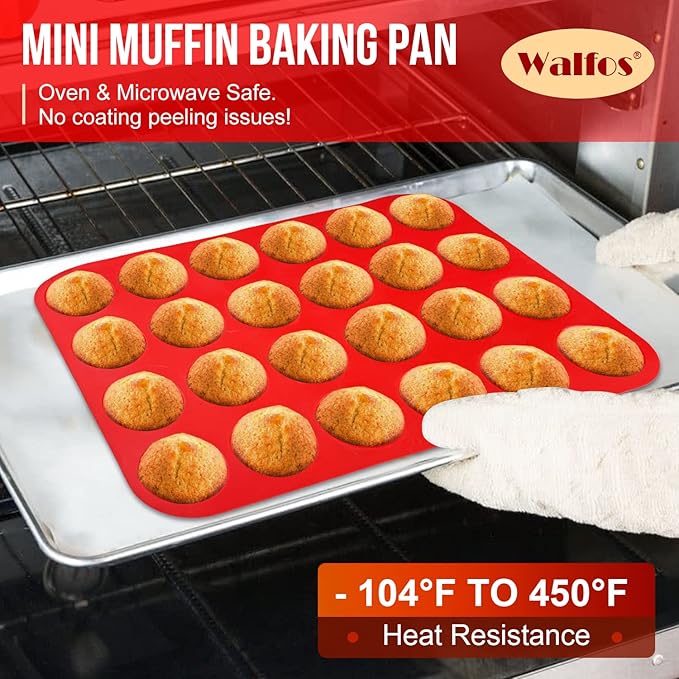 Walfos Mini Silicone Muffin Pan - 24 Cups, BPA Free and Dishwasher Safe, Non-stick Silicone Cupcake Baking Pan, Great for Making Muffin Cakes, Tart, Bread