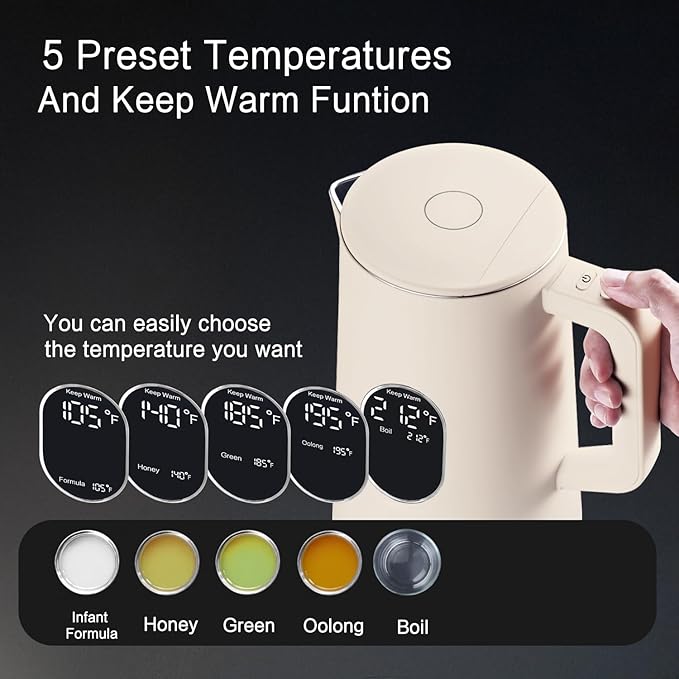 1.5L Electric Kettle Stainless Steel, Double Wall Cool Touch Teapot, Fast Boil,5 Temperature Control, LED Display, Auto Shut-Off,Keep Warm Function,Cream White