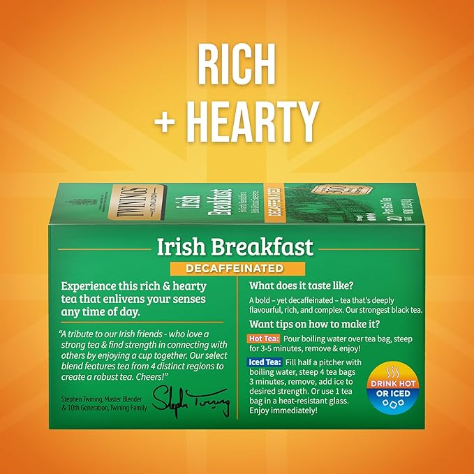 Twinings Decaffeinated Irish Breakfast Black Tea Individually Wrapped Bags, 20 Count (Pack of 6), Flavourful, Robust, Enjoy Hot or Iced, 120 Teabags