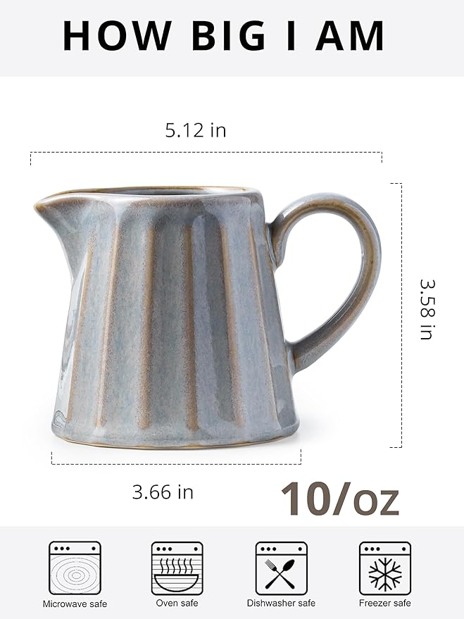 Ceramic Creamer Pitcher,Creamer Container with Handle, 10 OZ Small Milk Pitcher for Coffee, Sauces, Salad, Gray