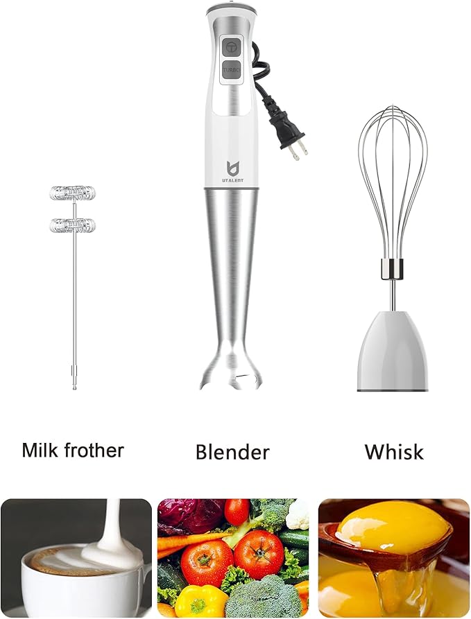 Immersion Hand Blender, UTALENT 3-in-1 8-Speed Stick Blender with Milk Frother, Egg Whisk for Smoothies, Coffee Milk Foam, Puree Baby Food, Sauces and Soups - White