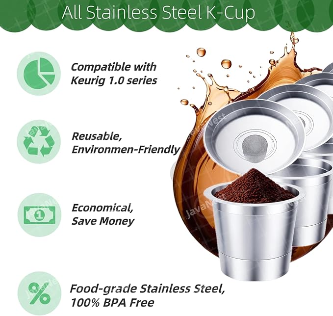 6 Pack Reusable K Cups with Stainless Steel Scoop – 304 Stainless Steel Coffee Pods Compatible with Keurig 1.0, Eco-Friendly Refillable Filter Set