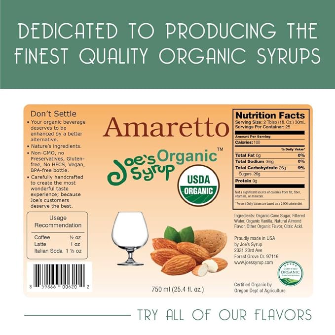 Joe’s Syrup Organic Flavored Syrup, Organic Amaretto, 750 ml (3 Pack)