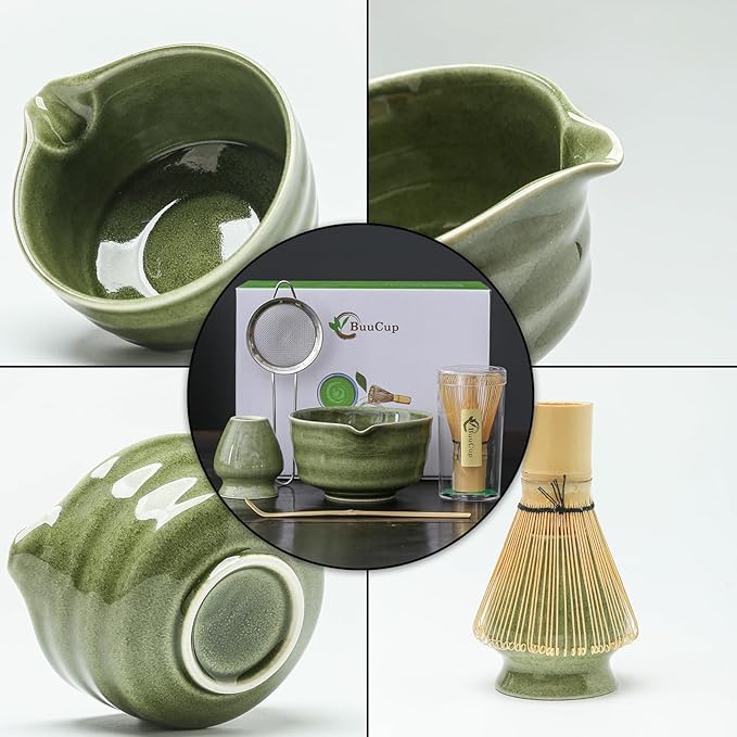 Matcha Whisk Set, Matcha Bowl with Spout, Matcha Whisk and Holder, Bamboo Matcha Scoop and Stainless Sifter - 5 Pcs Jade Green Matcha Kit for Matcha Lover