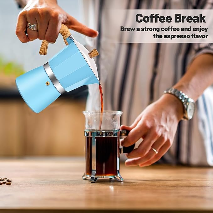 3 Cup Aluminum Moka Pot Classic Stovetop Espresso Coffee Maker 150ml 5oz Coffeemaker Percolator Mocha Pot Greca Coffee Maker Cafe Makers for Italian and Cuban Café Brewing Blue