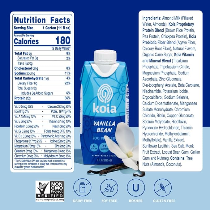 Koia Plant Based Protein Shake, Vanilla Bean, 20g Protein, 3g Sugar, 6g Prebiotic Fiber, 21 Vitamins & Minerals, Meal Replacement Drinks, Dairy-Free, Gluten-Free, Non-GMO, 11 Fl Oz (Pack of 12)