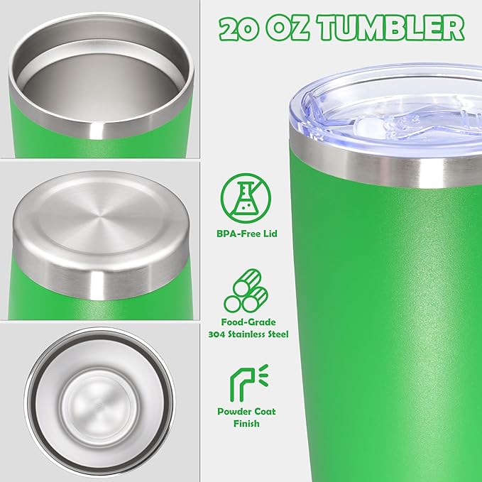 20oz Tumbler Stainless Steel Tumbler Cup with Lid Vacuum Insulated Double Wall Travel Mug, Durable Powder Coated Travel Coffee Tumbler Mug for Hot & Cold Drinks, Green,1 Pack
