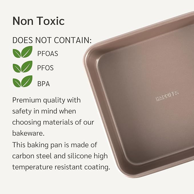 Nonstick Non Toxic 9x13 in Baking Pan for oven | Cake Mold 9 x 13 Non Stick Nontoxic | Carbon Steel Gold Brownies Pans 13x9 inches | Rectangle Brownie Tray 9 by 13 inch | Baking Ware