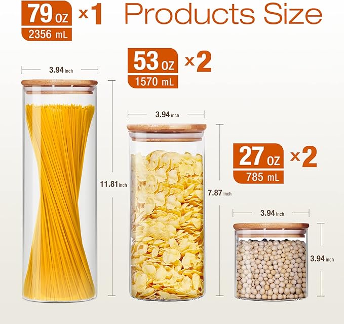 Glass Jars with Bamboo Lids [Muti Size Set of 5], Glass Canisters with Airtight Lids, Glass Food Storage Containers for Pasta, Oats, Coffee, Flour, Sugar, Rice, Best for Kitchen & Pantry