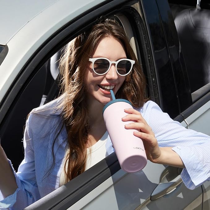 COKTIK 24oz Insulated Tumbler with Lid and Straw 2 Lids (Straw/Flip) Iced Coffee Cup Reusable Stainless Steel Travel Mug Water Bottle Cupholder Friendly for Women Men Her Him (Blush)