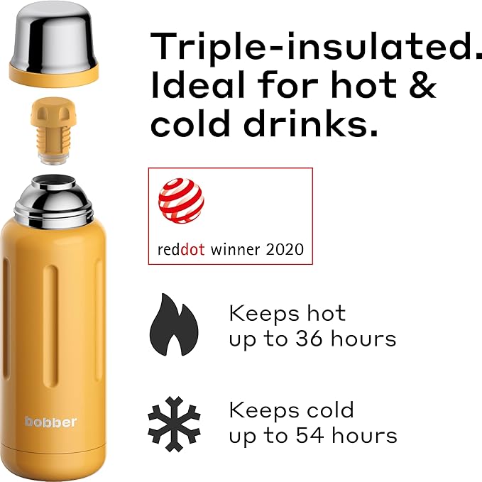 BOBBER 26 oz Stainless Steel Thermos for Hot Tea, Coffee, and Cold Drinks – BPA-Free, Dishwasher Safe Vacuum Insulated Water Bottle – Keeps Drinks Hot for 36 Hours (Orange)