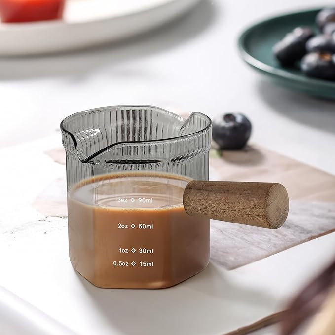 Joeyan 4 oz Grey Double Spouts Measuring Triple Pitcher Milk Cup with Wood Handle,Ribbed High Borosilicate Glass Measuring Cup, Espresso Shot Glasses