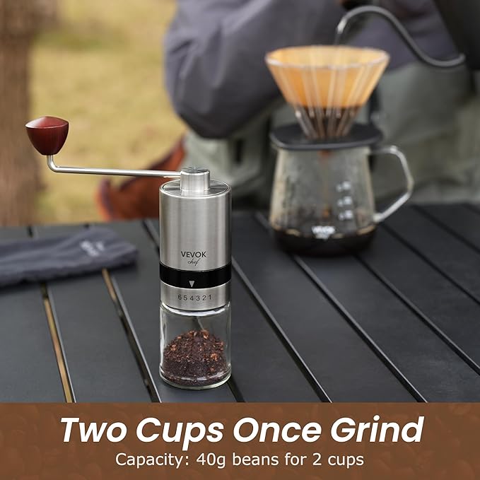 VEVOK CHEF Manual Coffee Grinder Stainless Steel Burr Grinder 6 External Adjustable Setting Vintage Hand Coffee Grinder Portable Hand Crank Conical Coffee Bean Grinder Mill for Home,Camping