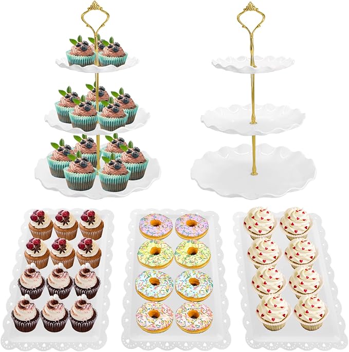 5 Pcs Dessert Table Display Set, White Plastic 2 Pcs Round 3 Tier Cupcake Stand Cup Cake Tower Stand with Metal Rod & 3 Pcs Serving Tray for Baby Shower, Tea Party, Wedding, Birthday Party