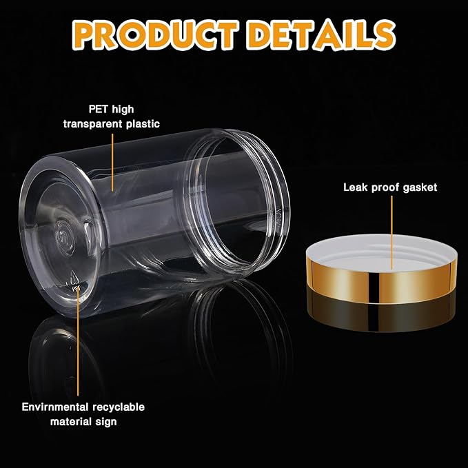 Patelai 4 Pieces Round Wide-mouth Leak Proof Plastic Container Jars with Lids for Travel Storage Makeup Beauty Products Face Creams Oils Salves Ointments DIY Making(10 Ounce,Gold)