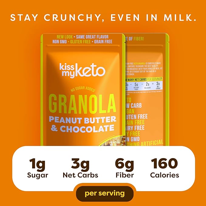 Kiss My Keto Sugar Free Granola, Peanut Butter Chocolate 1-Pack – Curb Cravings with Few Net Carbs – Allulose Sweetened, Resealable & Gluten-Free Crunchy Clusters – Grain Free Granola Great With Yogurt or Milk