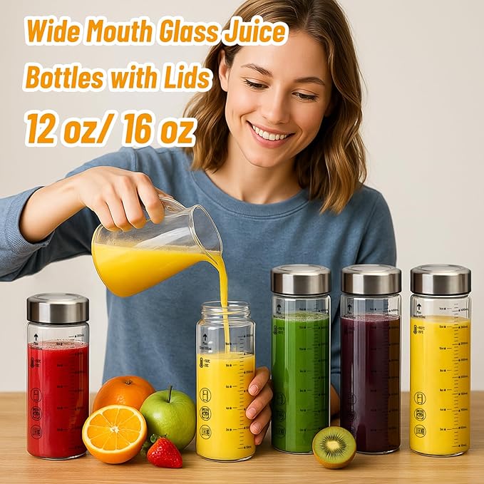12oz Glass Water Bottles with Lids, 4 Pack Reusable Wide Mouth Juice Bottles with Stainless Steel Caps, Leakproof Borosilicate Glass for Juicing, Smoothies & Storage, BPA-Free,Dishwasher Safe