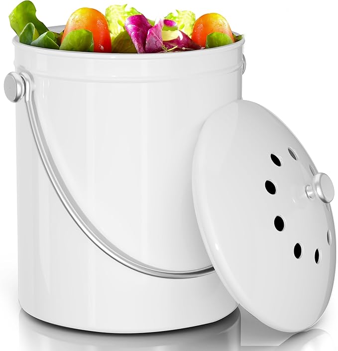 Utopia Kitchen Compost Bin for Kitchen Countertop, 1.3 Gallon Compost Bucket for Kitchen with Lid, Includes 1 Spare Charcoal Filter (White)