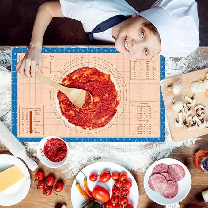 Silicone Pastry Baking Mat Non Stick-Large Rolling Dough with Measurements-Non Slip Pizza,Fondant,Pie,Cake Baking Mat - 26 x 16 Inch By Cook Time(Blue)