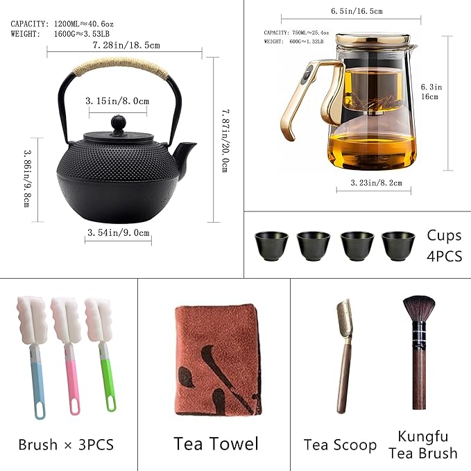 YJX 25.4oz Magnetic Glass Teapot Set with 40.6oz Cast Iron Tea Kettle for Stovetop, Small Enchanted Brewing Tea Pot, Witchcraft Magic Borosilicate Tea Set with Strainer for Loose Leaf