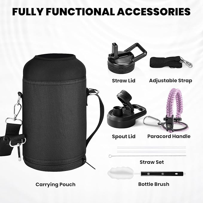 Insulated Water Bottle 64 oz, Triple Wall Vacuum Stainless Steel (Cold for 48 Hrs), Leak Proof & Non-BPA, Half Gallon Water Flask Jug with Paracord Handle & Straw Spout Lids, Lilac