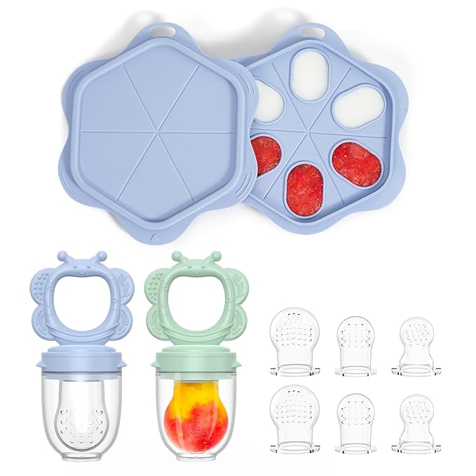 Silicone Baby Fruit Food Feeder (2 Pack) with Freezer Nibble Tray, Breastmilk Popsicle Molds for Baby Teething Relief, Silicone Feeder for Safe Infant Self Feeding, BPA Free, Dishwasher Safe, 3 Month+