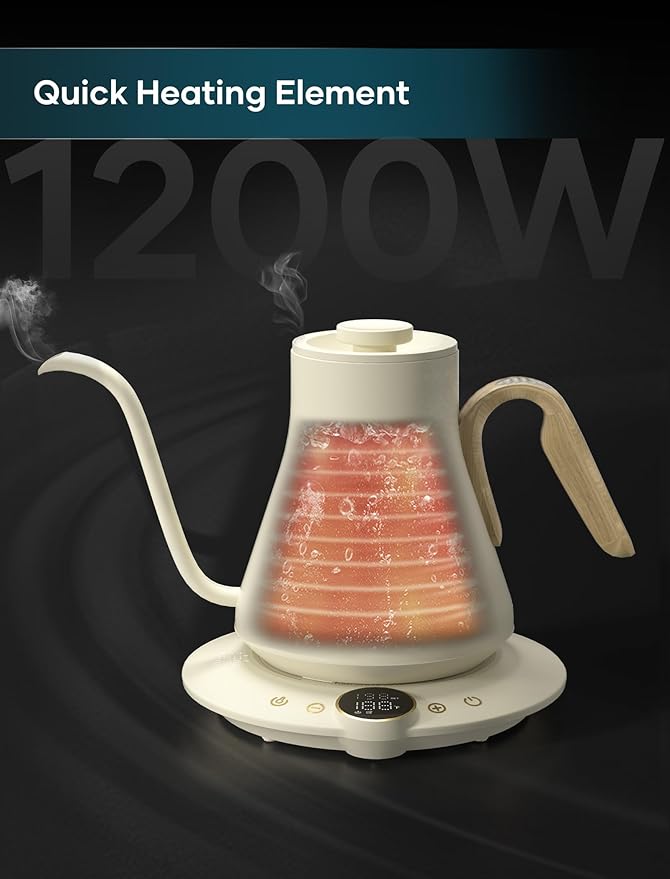 Electric Kettles, INTASTING Gooseneck Electric Kettle, ±1℉ Temperature Control, Stainless Steel Inner, Quick Heating, for Pour Over Coffee, Brew Tea, Boil Hot Water, 1500W/0.9L (Morandi White)