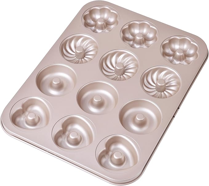 Donut Mold Cake Pan, 12-Cavity Non-Stick Ring Doughnut Bakeware for Oven Baking (Champagne Gold)