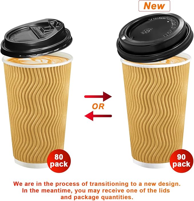80 Pack 16 OZ Disposable Coffee Cups with Lids and Straws, Insulated Paper Coffee Cups with Lids, Corrugated Ripple Wall To Go Cups for Hot Drink, Coffee, Hot Chocolate, Water, Juice - Champagne