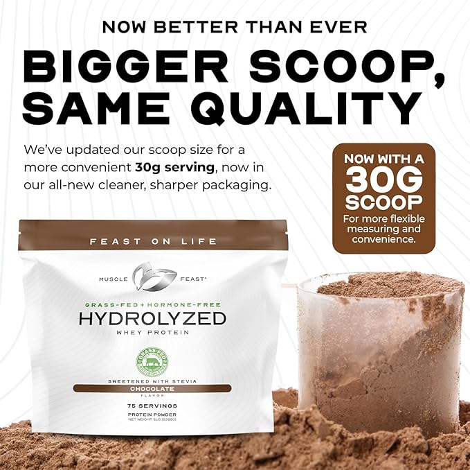 Muscle Feast Hydrolyzed Whey Protein Powder, Grass Fed and All Natural Hormone-Free, Hydro Whey Powder for Men and Women, Gluten Free, Non-GMO, Delicious Hydrolyzed Protein Powder, Chocolate, 5lb