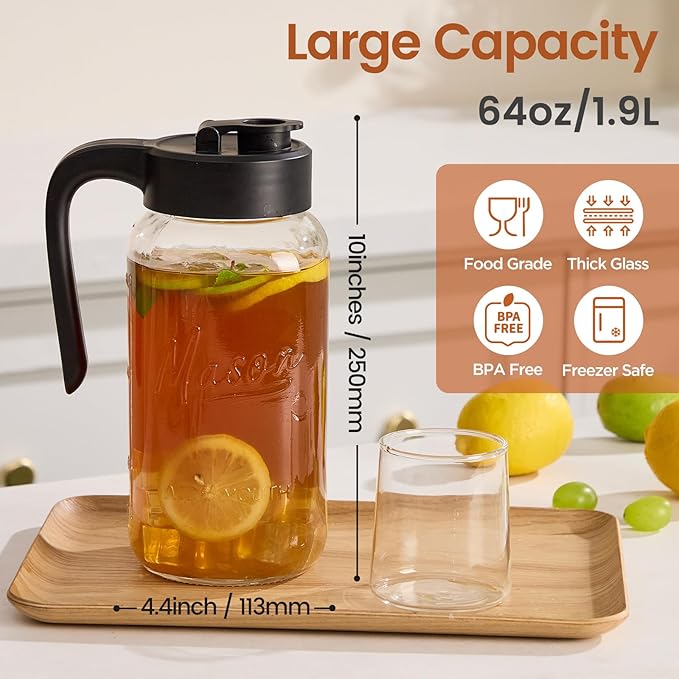 Mason Jar Pitcher with Tea Filter, Airtight & Leakproof Glass Pitcher with Lid, 64 oz Sun Tea Glass Jar for Outside, Perfect for Sun Tea, Lemonade, and iced Tea