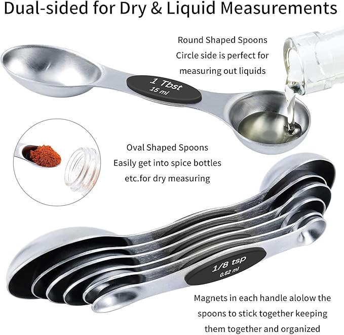 TILUCK measuring cups and magnetic measuring spoons set, stainless steel measuring cups, 6 double-sided stainless steel measuring spoons & 1 leveler (6+7)