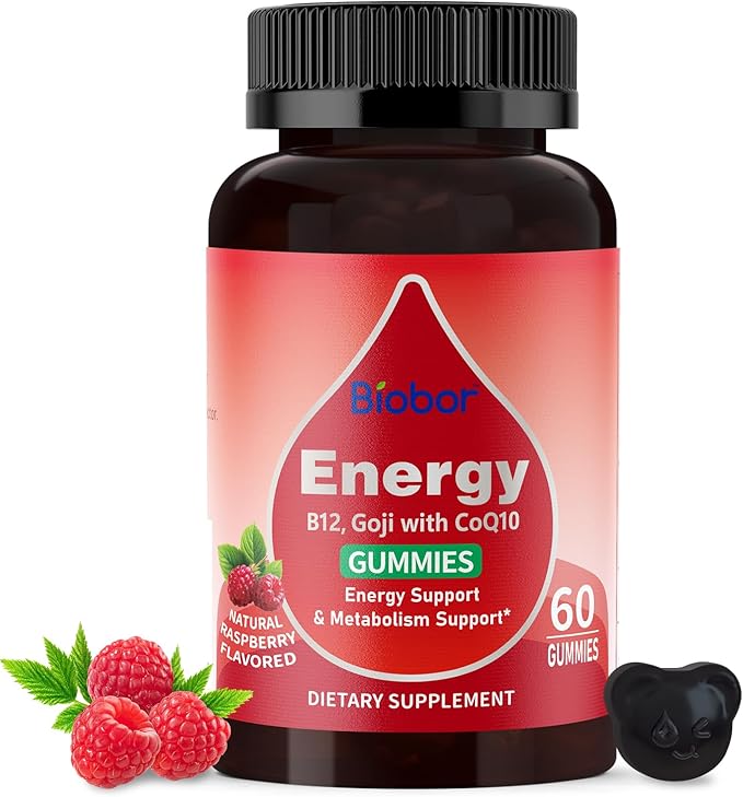 Natural Energy Gummies with Vitamin B12, Goji, CoQ10, Energy Support & Metabolism Support Chewable Supplement,GMO Free, Gluten Free (Raspberry, 60 Count)