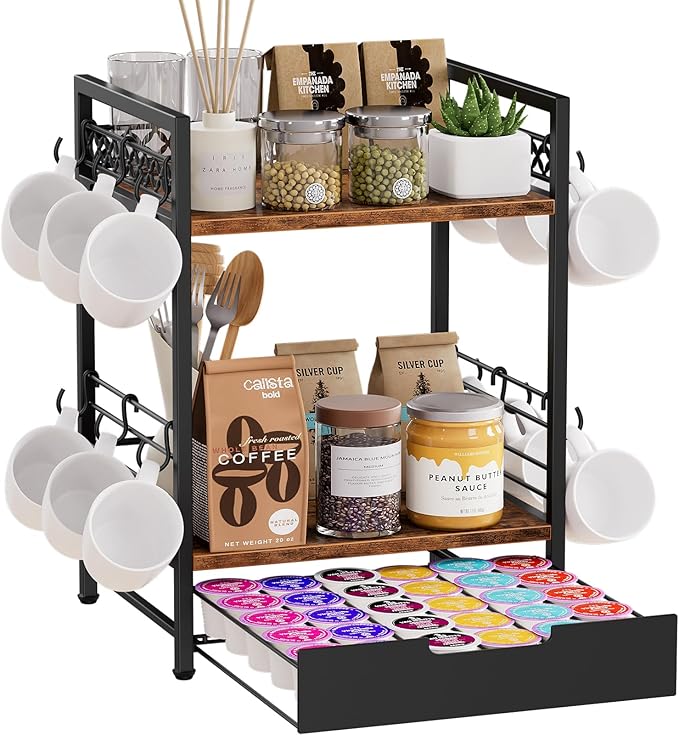 Coffee Bar Organizer Countertop, 2 Tier Mug Cup Holder Stand with 12 Hooks, 30 K Cup Coffee Pod Drawer with Mug Rack, Multifunctional Shelf Organizer for Accessories Station Kitchen (Brown)