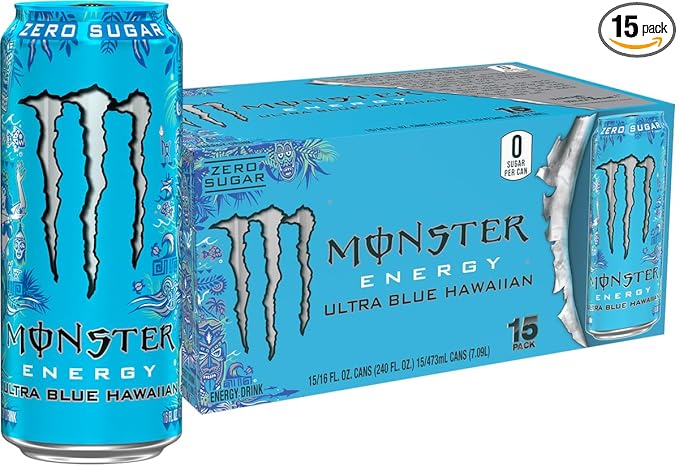 Monster Energy Ultra Blue Hawaiian, Sugar Free Energy Drink, 16 Ounce (Pack of 15)