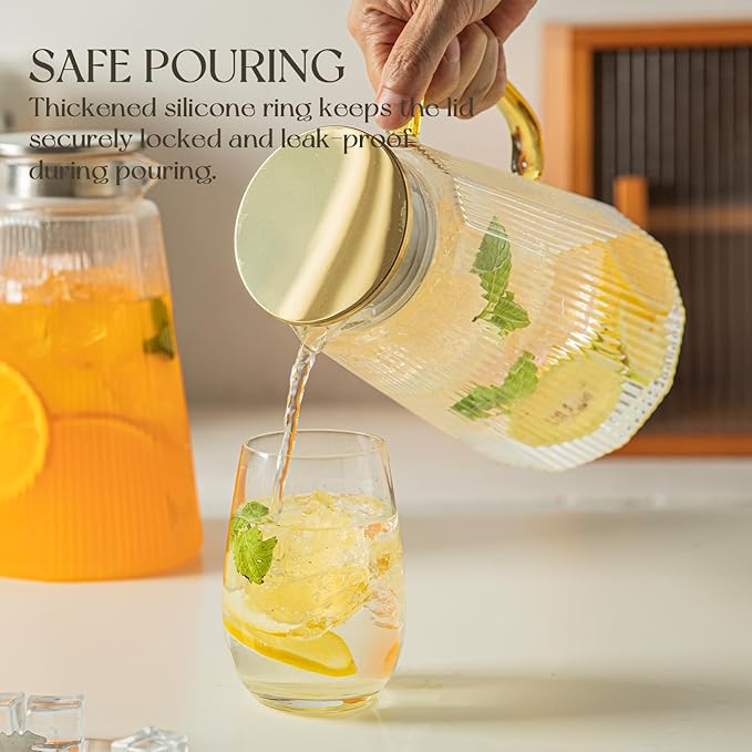 [2 Pack] Ribbed Glass Pitcher Set – 71oz Heat-Resistant Beverage Jugs with Lid for Water, Iced Tea, Juice, Coffee – Large Borosilicate Carafes for Hot & Cold Drinks, Elegant Serving Pitchers