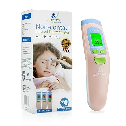 Amplim Non-Contact Forehead Thermometer for Adults, Kids & Infants | Ampmed No-Touch Medical Grade Temporal Fever Thermometer with Case, Nurse Accessories for Work, FDA-Cleared Pink Termometro Digital
