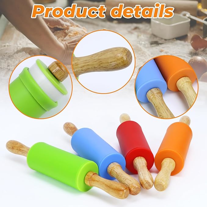 4 Pack Mini Rolling Pin for Kids, 9 Inch Wooden Handle Rolling Pin Non-Stick Silicone Rolling Pins for Children Cake Baking