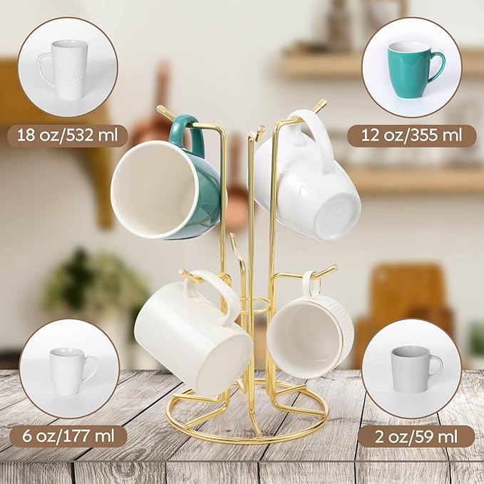 HULISEN Mug Holder for Large Cups, Mug Tree for Counter with 6 Hooks, Metal Coffee Mug Stand for Easy Pick, Place and Display, Coffee Bar Accessories and Decor, Free Standing Mug Rack, Gold